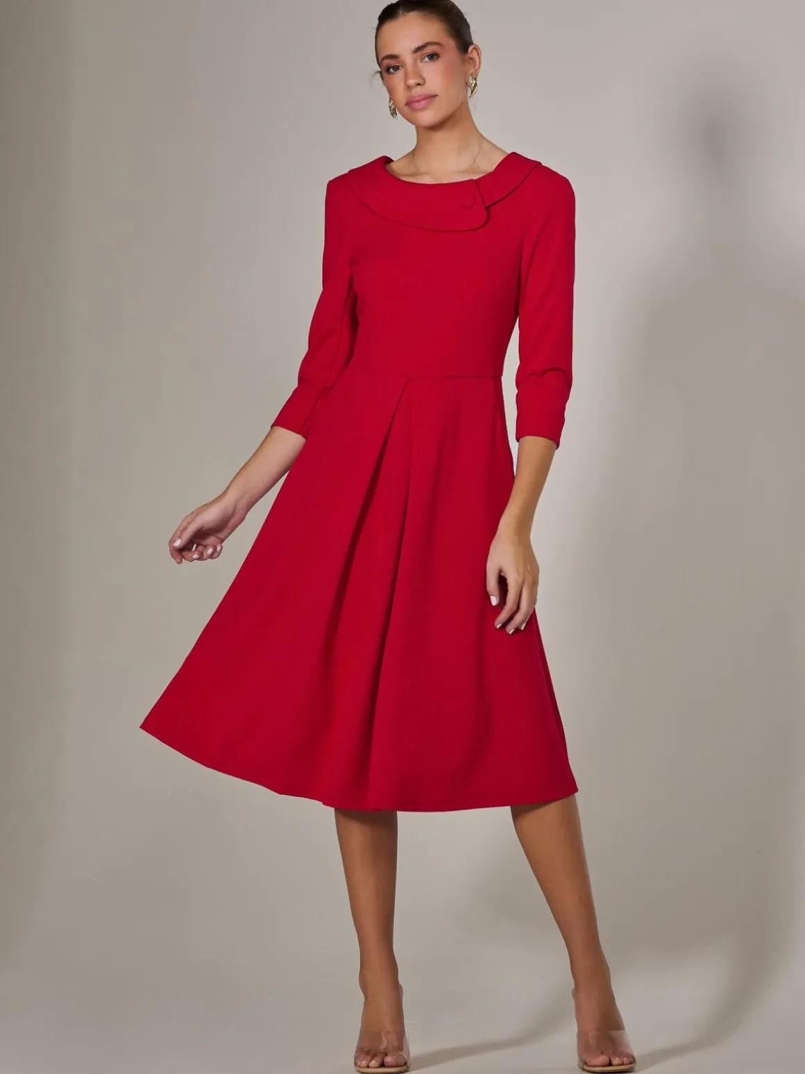 Roll Collar Long Sleeve Midi Dress, Red