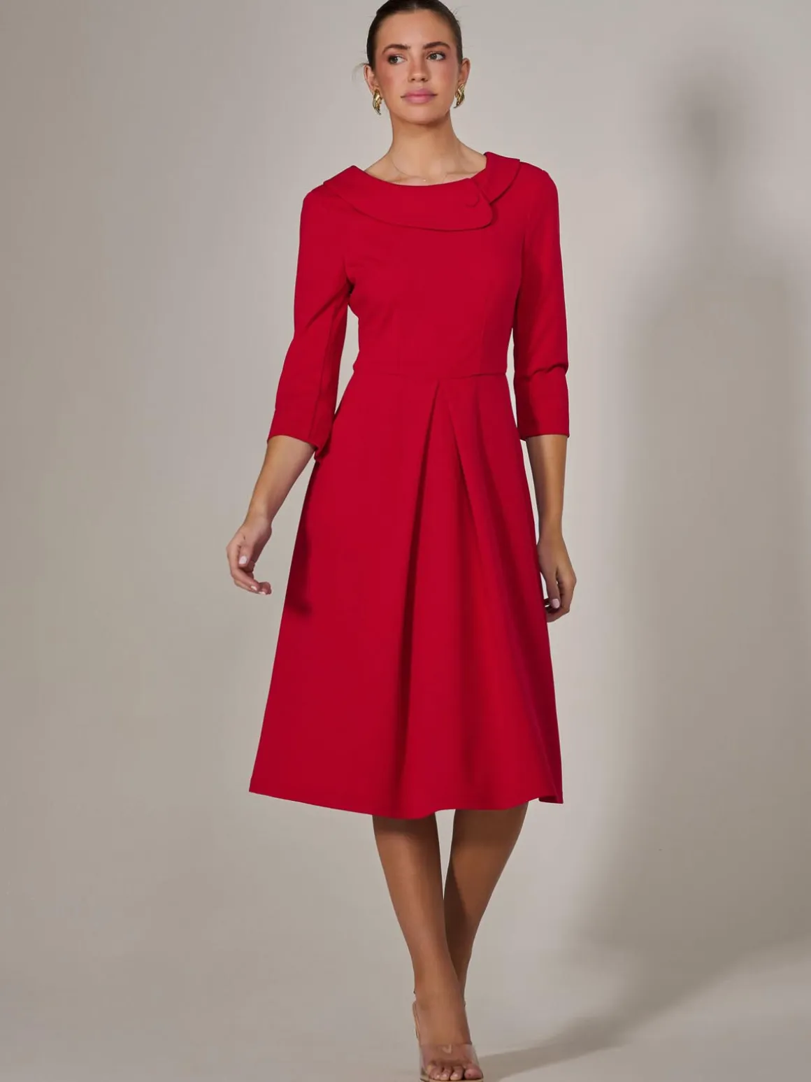 Roll Collar Long Sleeve Midi Dress, Red