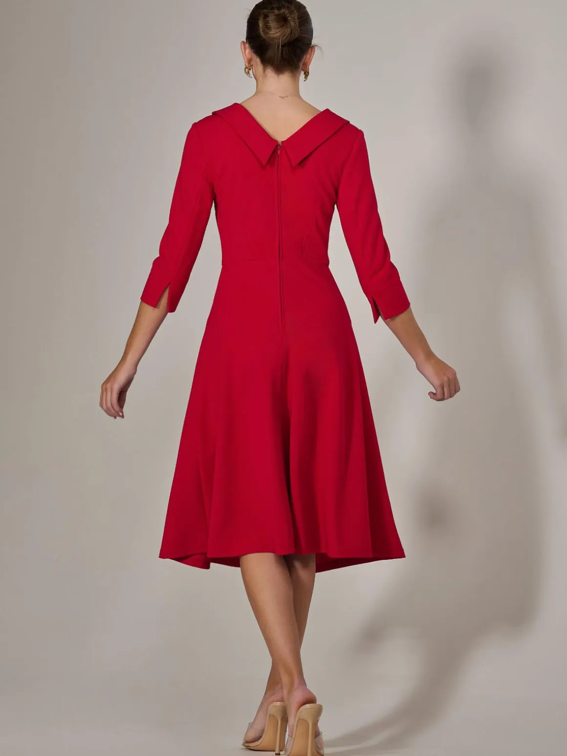 Roll Collar Long Sleeve Midi Dress, Red