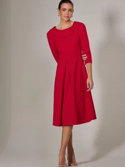 Roll Collar Long Sleeve Midi Dress, Red