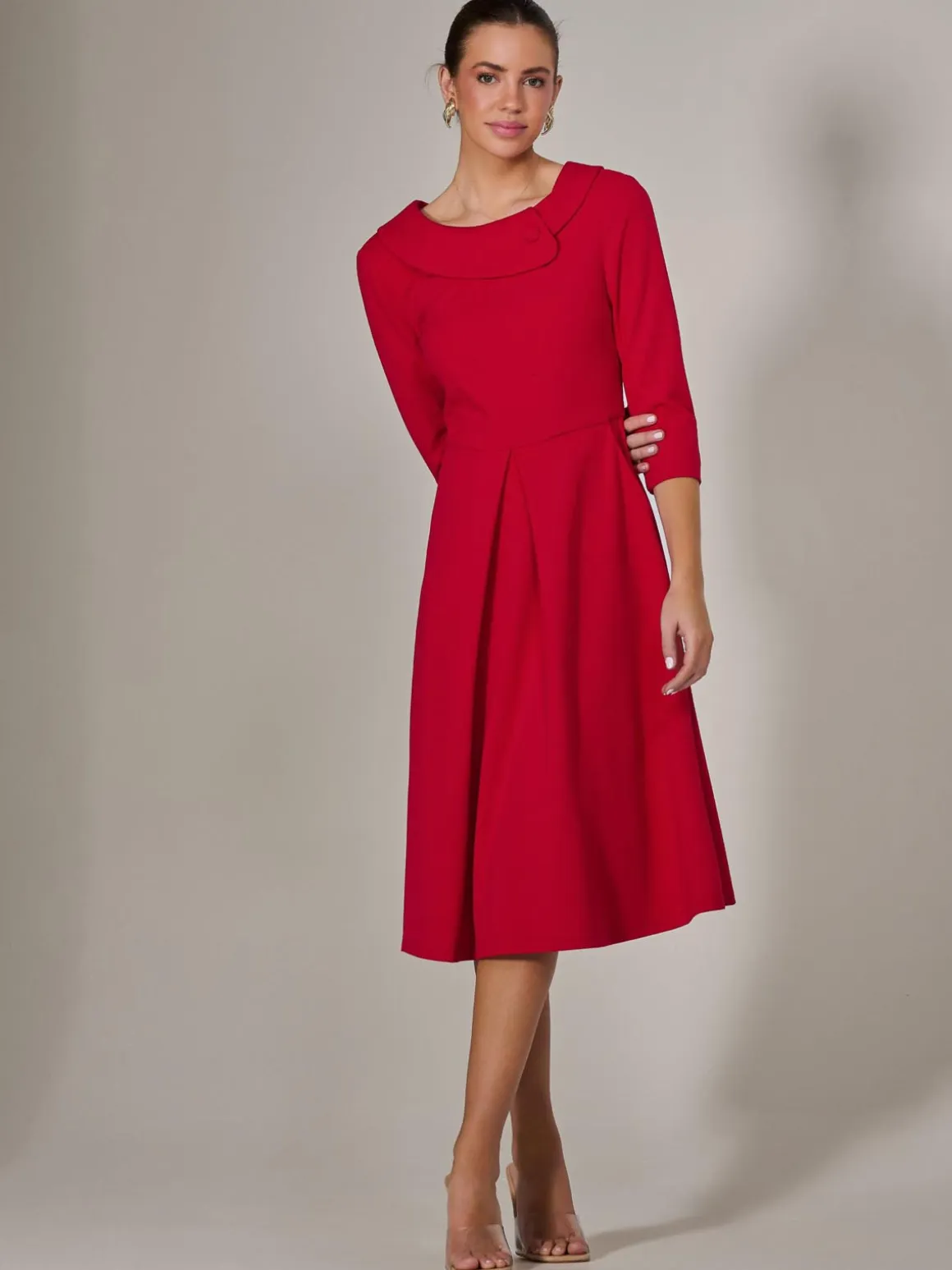 Roll Collar Long Sleeve Midi Dress, Red
