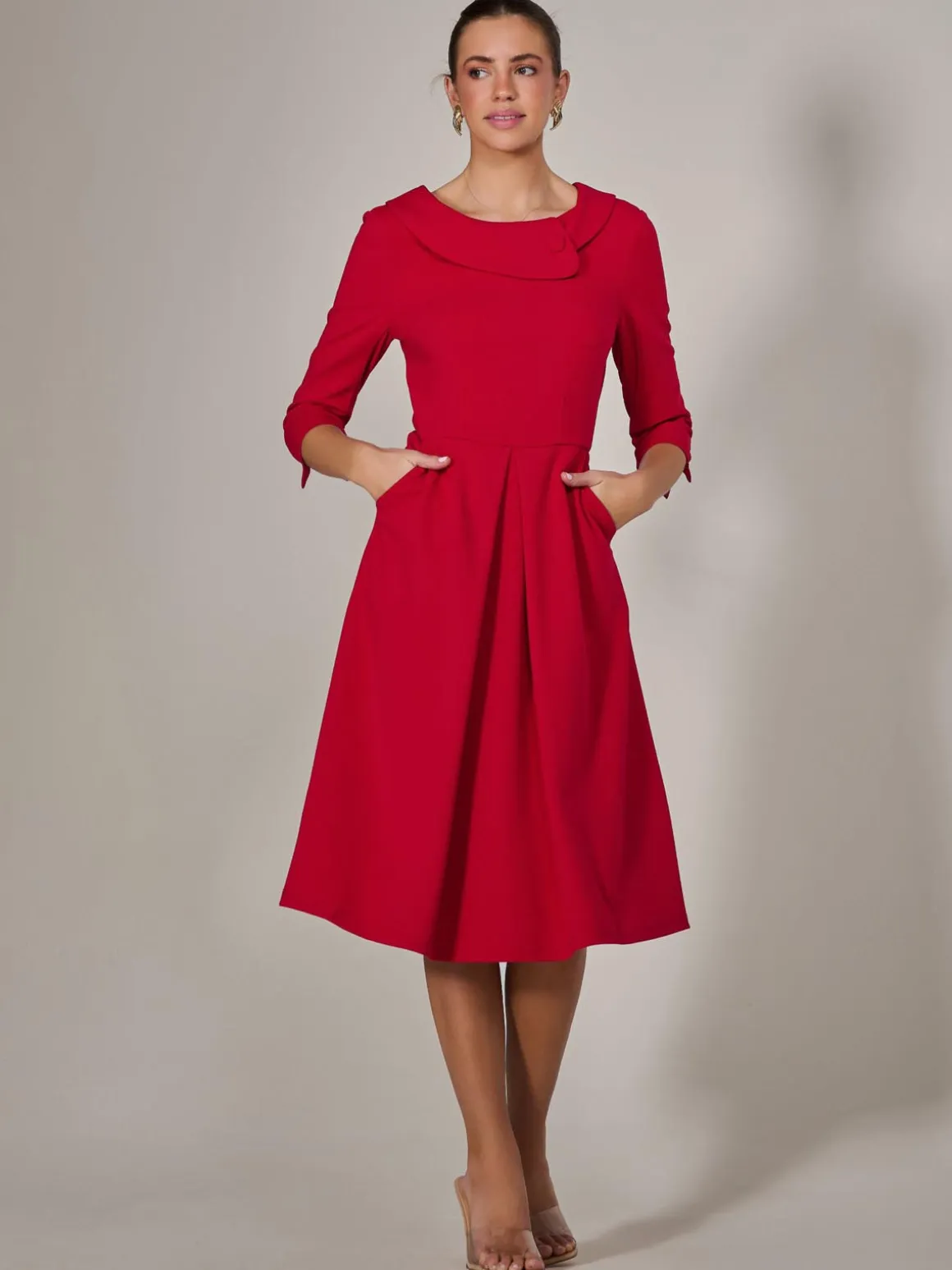 Roll Collar Long Sleeve Midi Dress, Red
