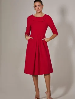 Roll Collar Long Sleeve Midi Dress, Red