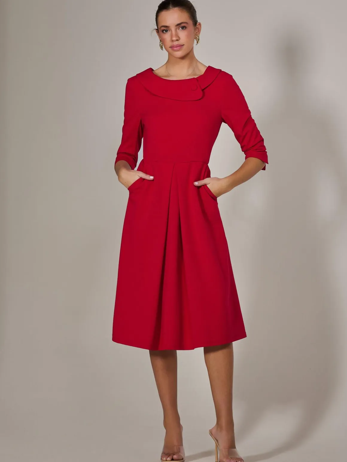 Roll Collar Long Sleeve Midi Dress, Red