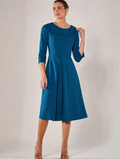 Roll Collar Long Sleeve Midi Dress, Teal