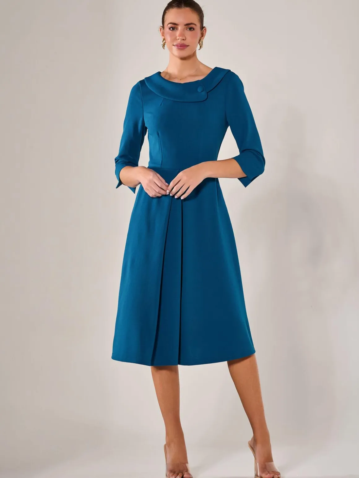 Roll Collar Long Sleeve Midi Dress, Teal