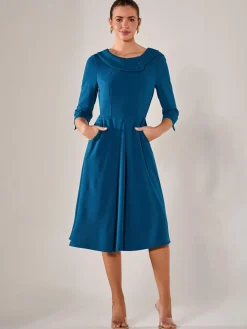 Roll Collar Long Sleeve Midi Dress, Teal
