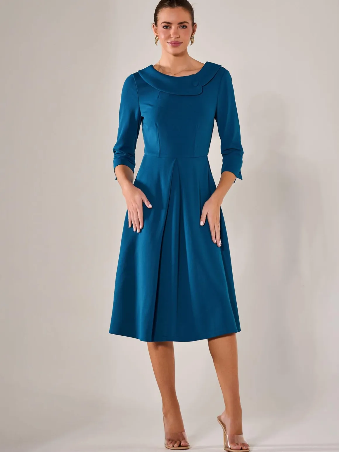 Roll Collar Long Sleeve Midi Dress, Teal