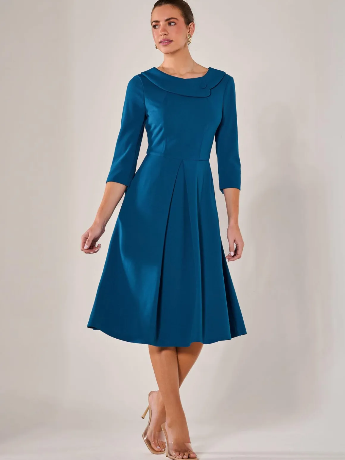 Roll Collar Long Sleeve Midi Dress, Teal