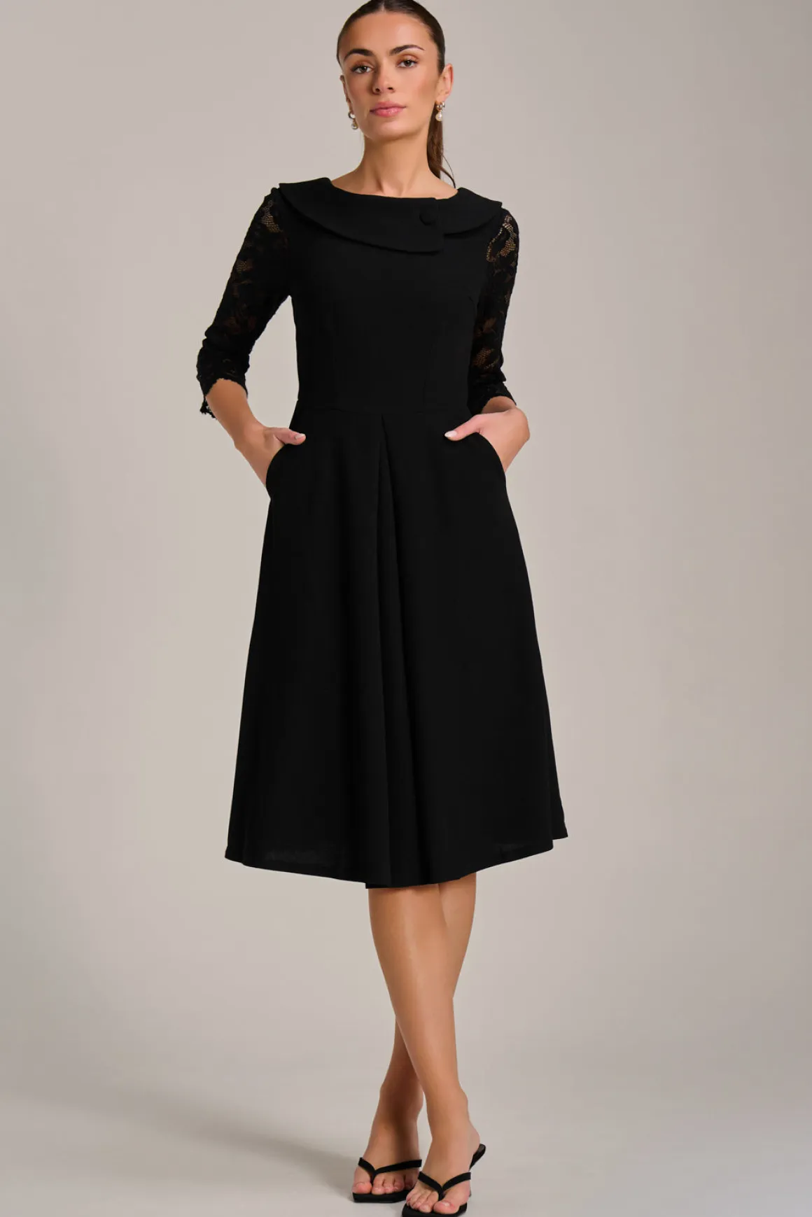 Roll Neck Lace Sleeve Fit & Flare Midi Dress, Black