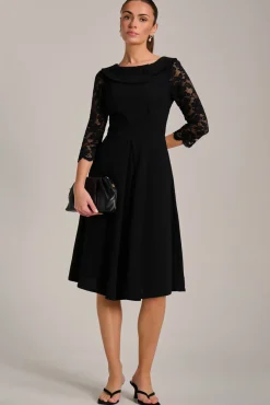 Roll Neck Lace Sleeve Fit & Flare Midi Dress, Black