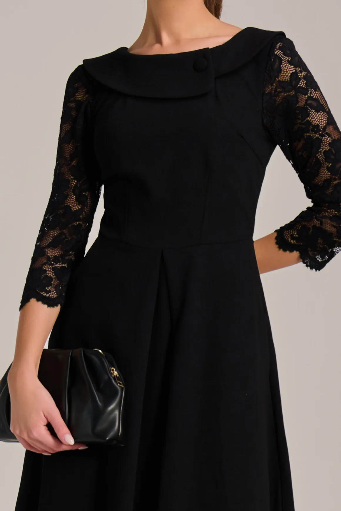 Roll Neck Lace Sleeve Fit & Flare Midi Dress, Black