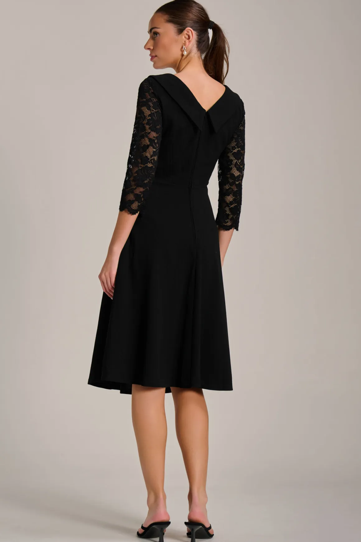 Roll Neck Lace Sleeve Fit & Flare Midi Dress, Black