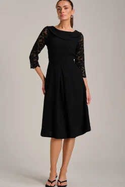 Roll Neck Lace Sleeve Fit & Flare Midi Dress, Black