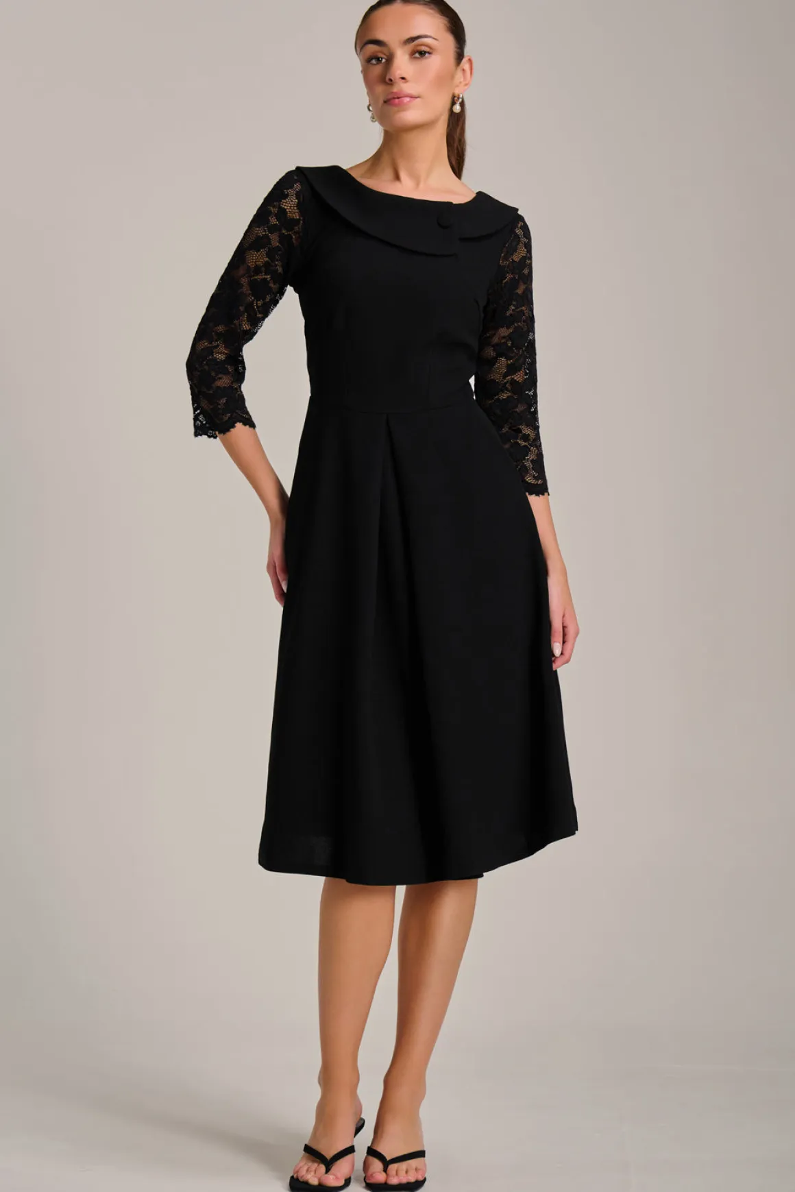 Roll Neck Lace Sleeve Fit & Flare Midi Dress, Black