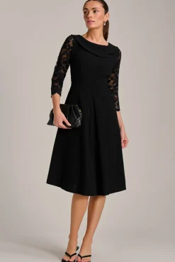 Roll Neck Lace Sleeve Fit & Flare Midi Dress, Black