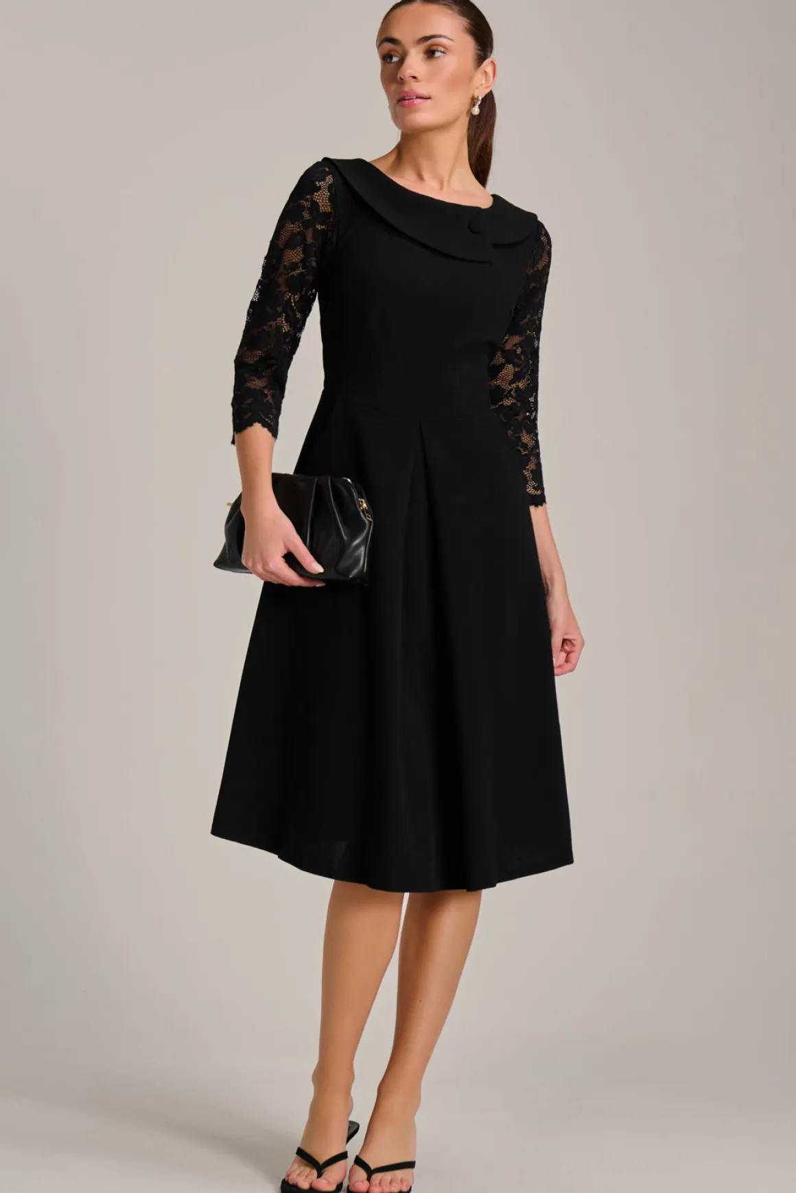Roll Neck Lace Sleeve Fit & Flare Midi Dress, Black