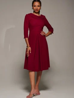 Roll Neck Lace Sleeve Fit & Flare Midi Dress, Dark Red