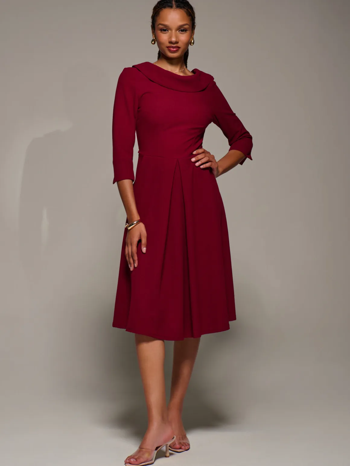 Roll Neck Lace Sleeve Fit & Flare Midi Dress, Dark Red