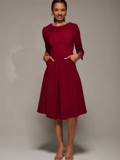 Roll Neck Lace Sleeve Fit & Flare Midi Dress, Dark Red