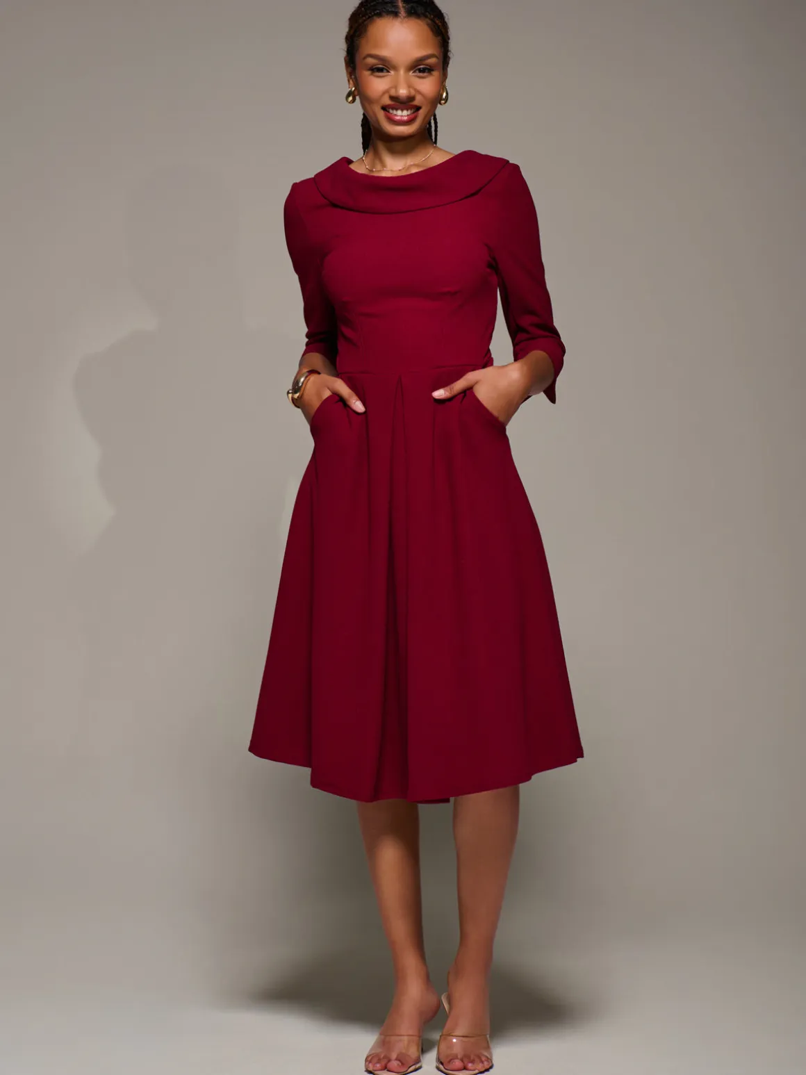 Roll Neck Lace Sleeve Fit & Flare Midi Dress, Dark Red