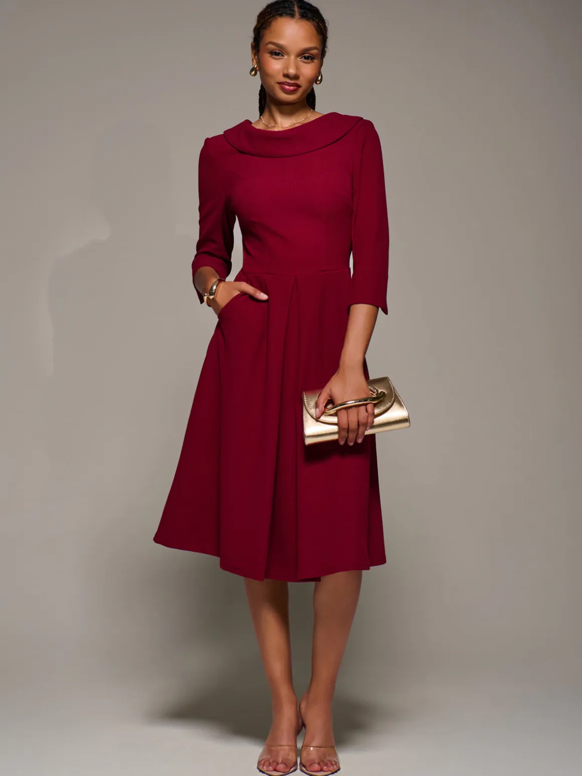 Roll Neck Lace Sleeve Fit & Flare Midi Dress, Dark Red