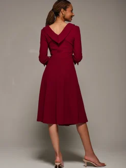 Roll Neck Lace Sleeve Fit & Flare Midi Dress, Dark Red