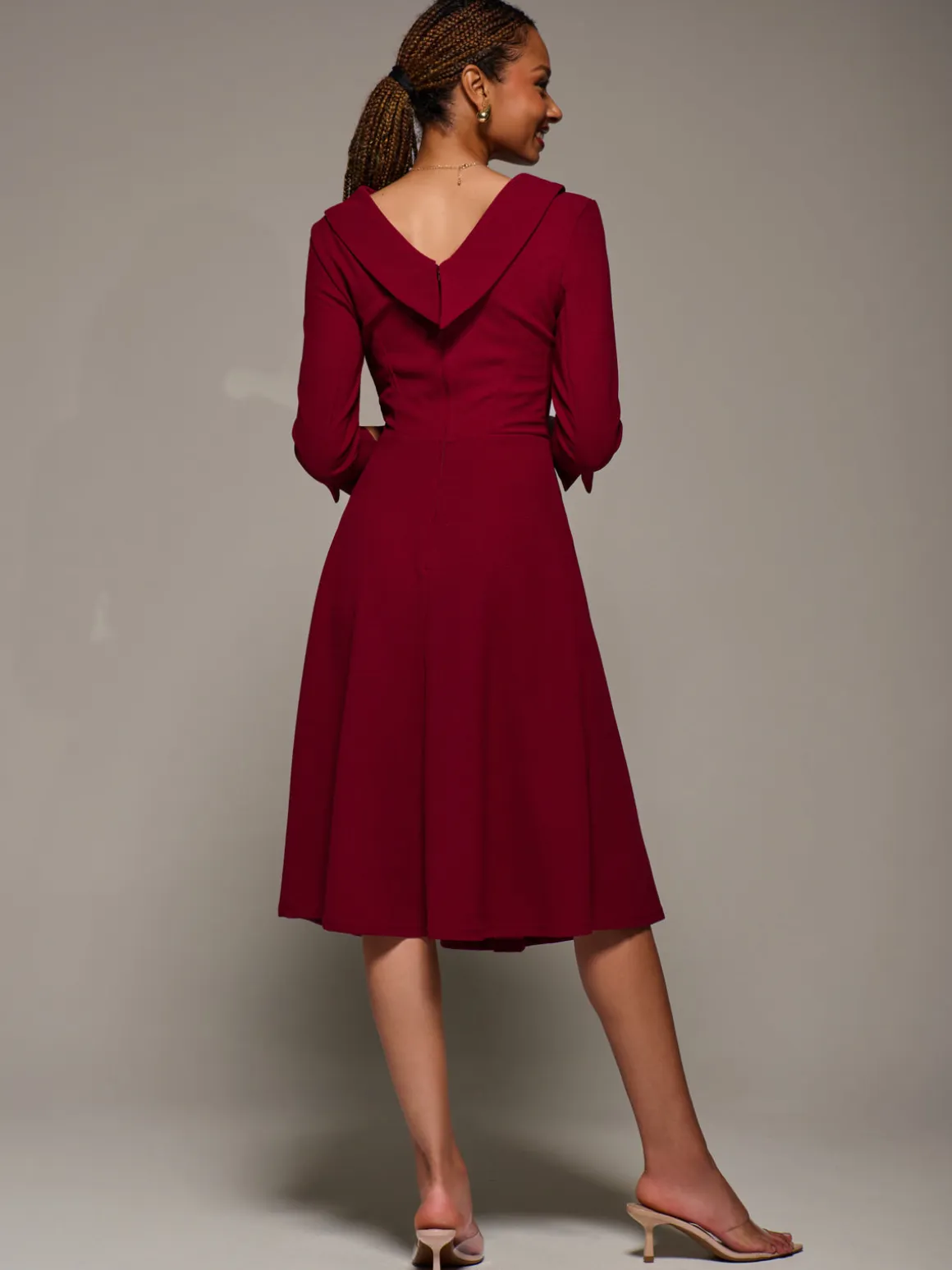 Roll Neck Lace Sleeve Fit & Flare Midi Dress, Dark Red