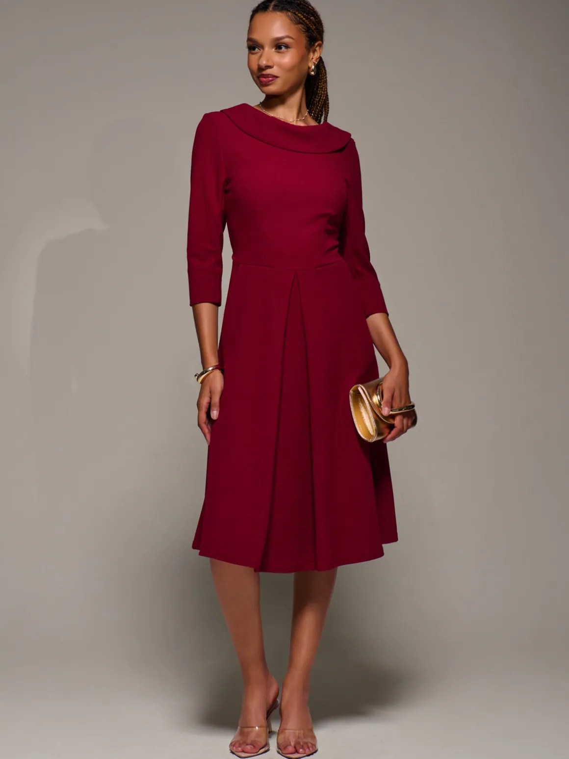Roll Neck Lace Sleeve Fit & Flare Midi Dress, Dark Red