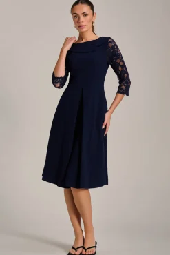 Roll Neck Lace Sleeve Fit & Flare Midi Dress, Navy