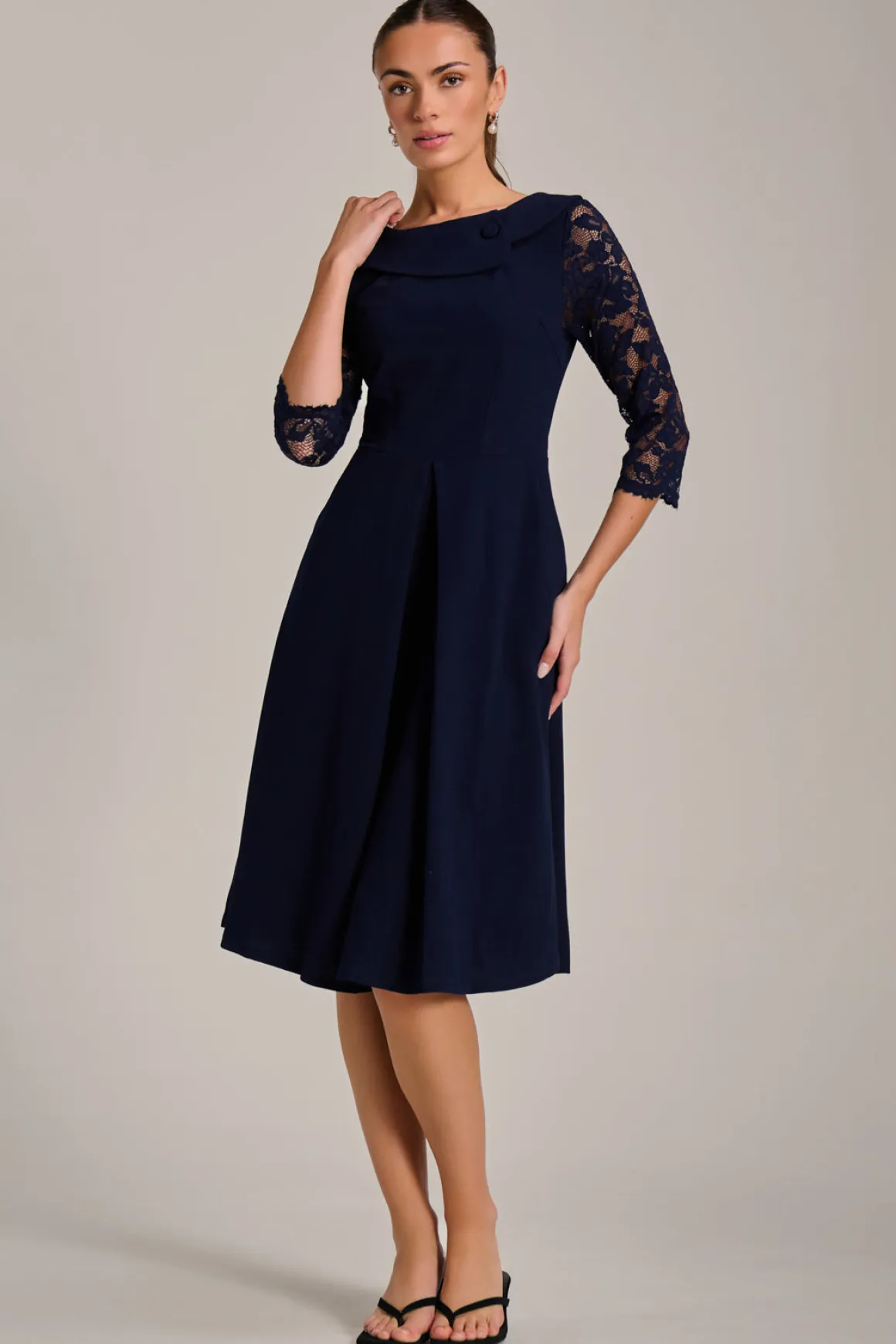 Roll Neck Lace Sleeve Fit & Flare Midi Dress, Navy