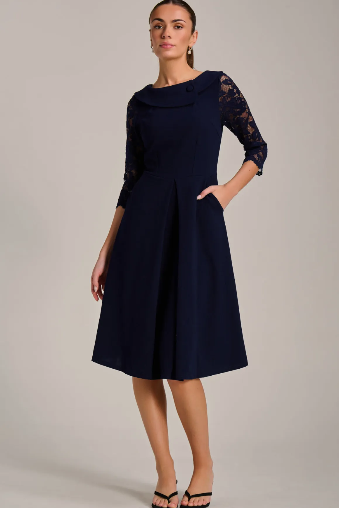 Roll Neck Lace Sleeve Fit & Flare Midi Dress, Navy