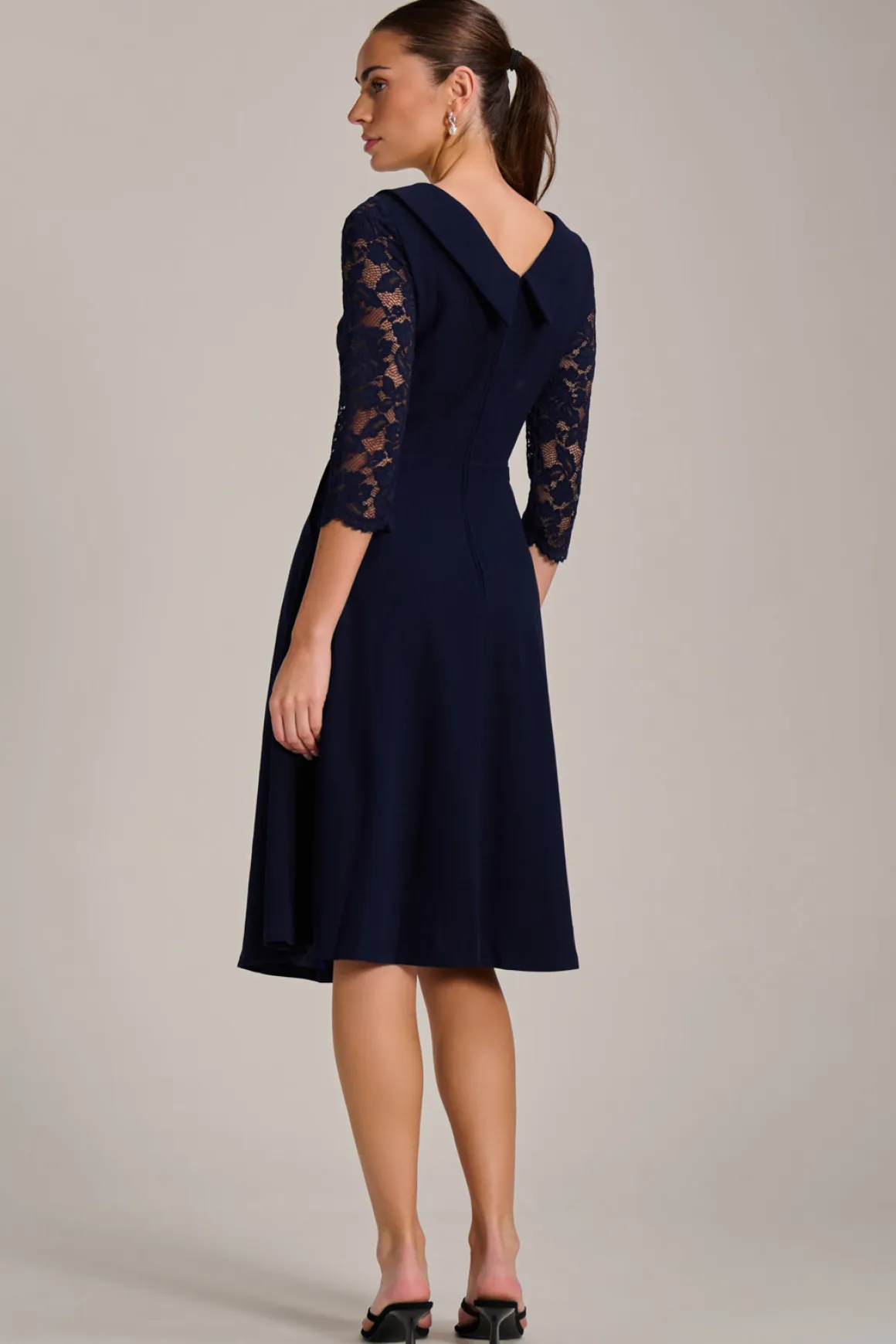 Roll Neck Lace Sleeve Fit & Flare Midi Dress, Navy