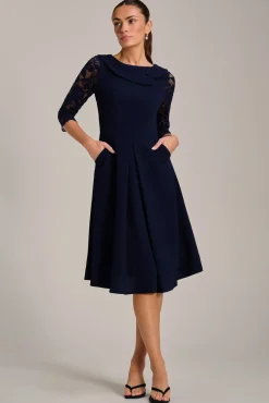Roll Neck Lace Sleeve Fit & Flare Midi Dress, Navy