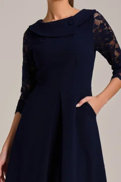 Roll Neck Lace Sleeve Fit & Flare Midi Dress, Navy