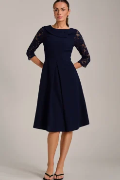 Roll Neck Lace Sleeve Fit & Flare Midi Dress, Navy