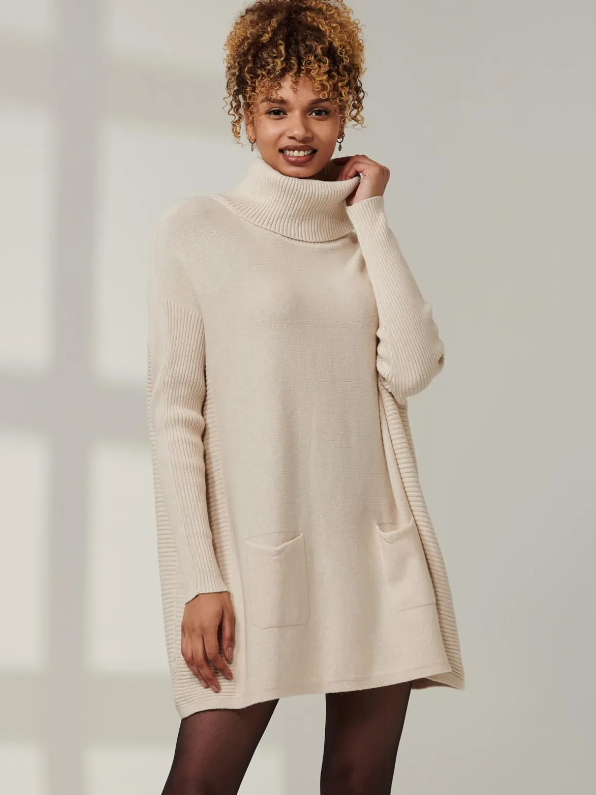 Roll Neck Pocket Front Knit Jumper, Beige Heather