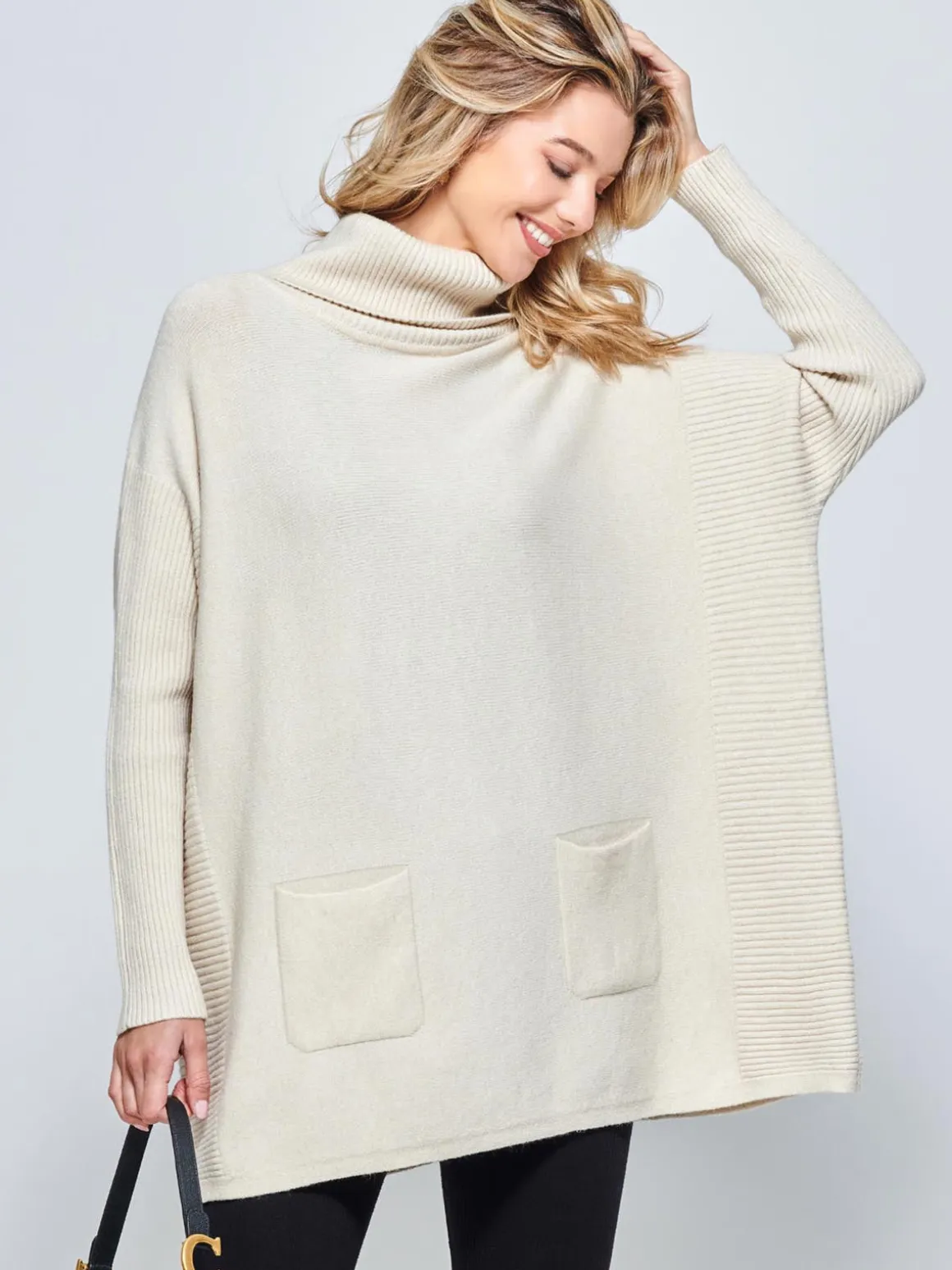 Roll Neck Pocket Front Knit Jumper, Beige Heather