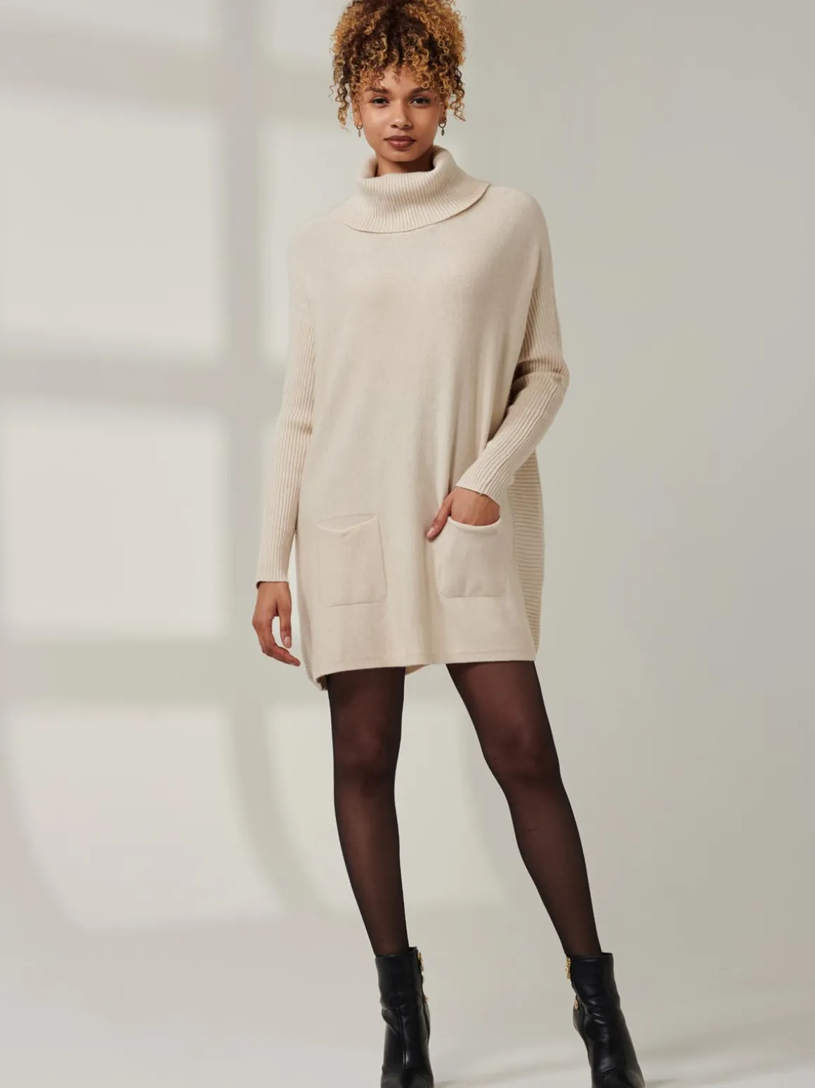 Roll Neck Pocket Front Knit Jumper, Beige Heather