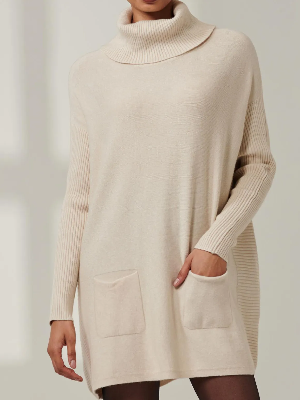 Roll Neck Pocket Front Knit Jumper, Beige Heather