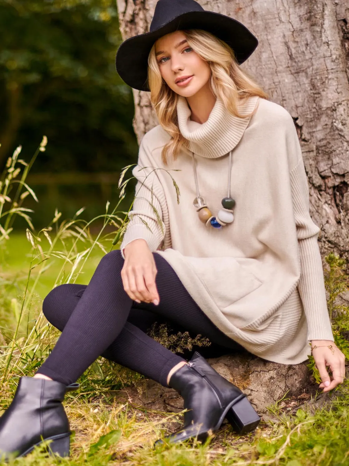 Roll Neck Pocket Front Knit Jumper, Beige Heather