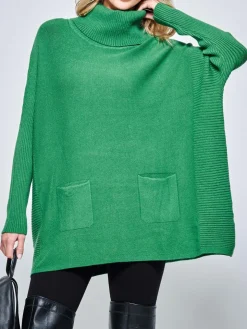 Roll Neck Pocket Front Knit Jumper, Green