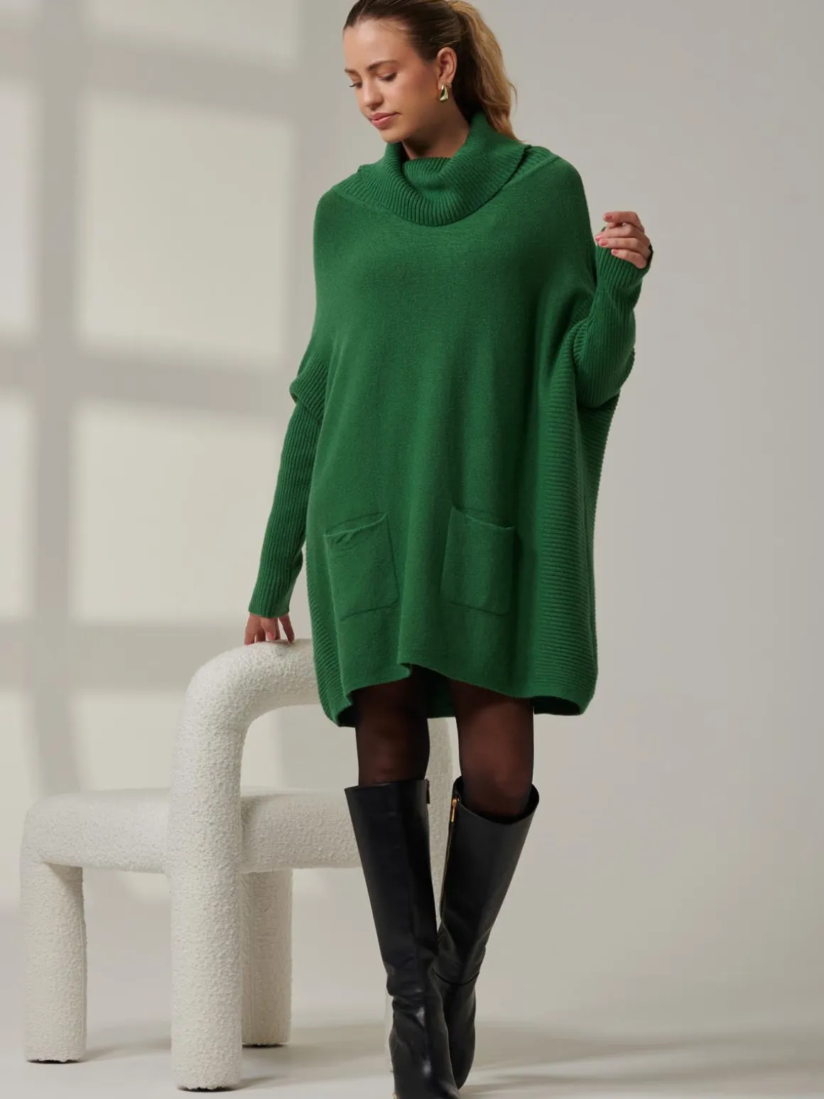 Roll Neck Pocket Front Knit Jumper, Green