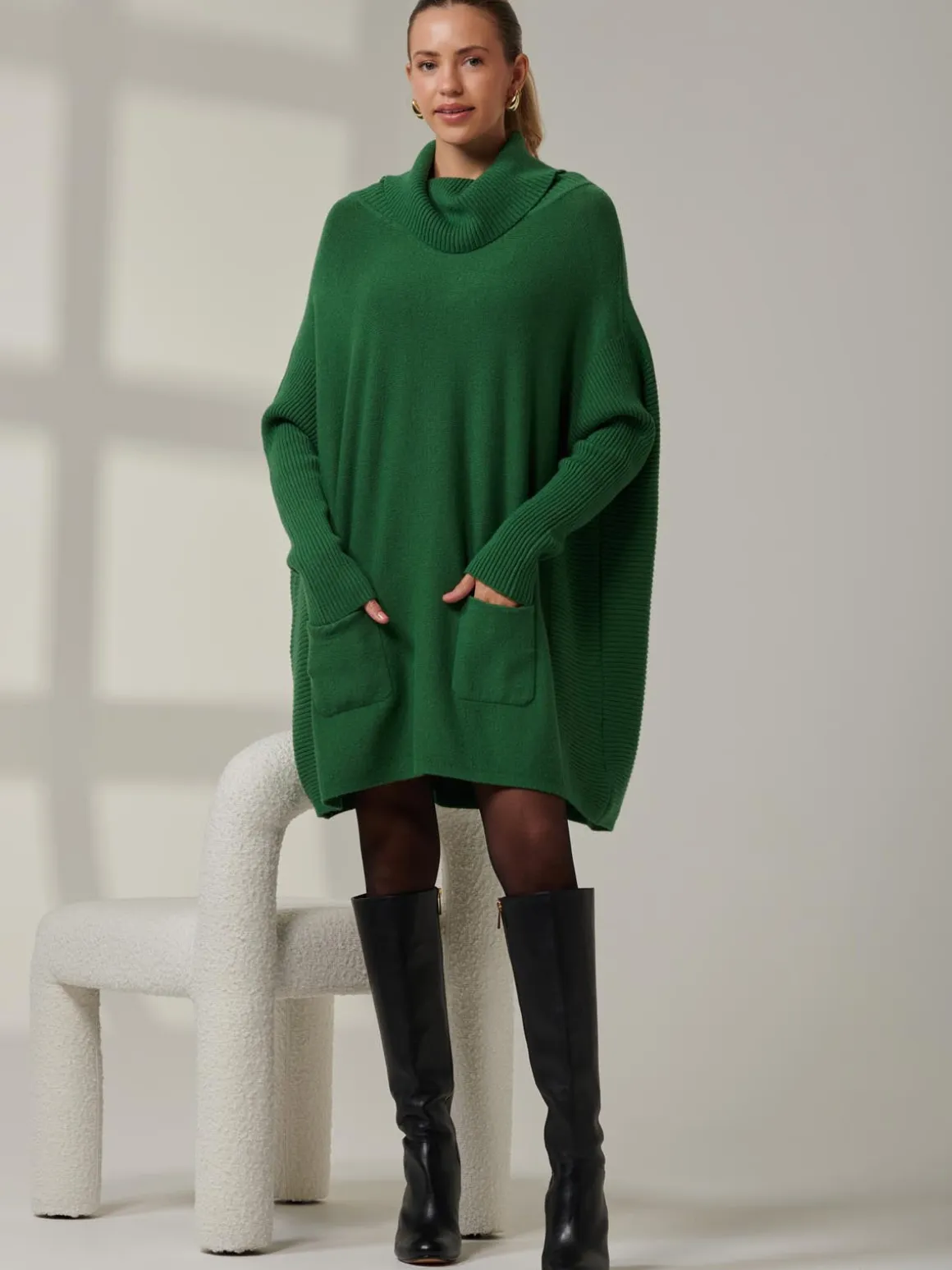 Roll Neck Pocket Front Knit Jumper, Green