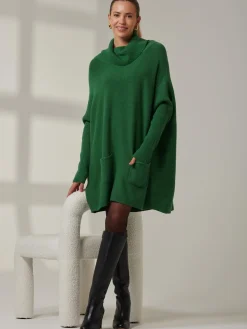 Roll Neck Pocket Front Knit Jumper, Green