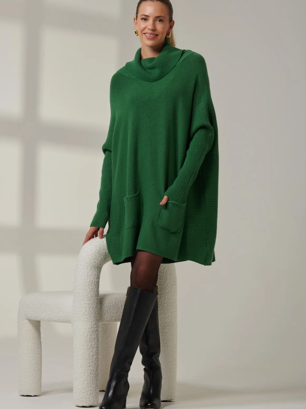 Roll Neck Pocket Front Knit Jumper, Green