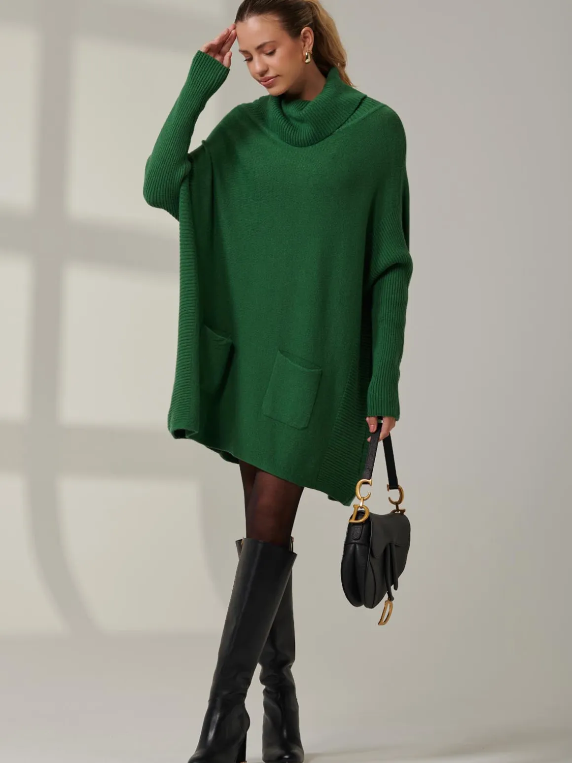 Roll Neck Pocket Front Knit Jumper, Green