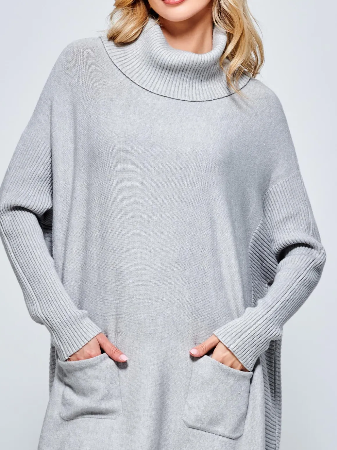 Roll Neck Pocket Front Knit Jumper, Grey Heather