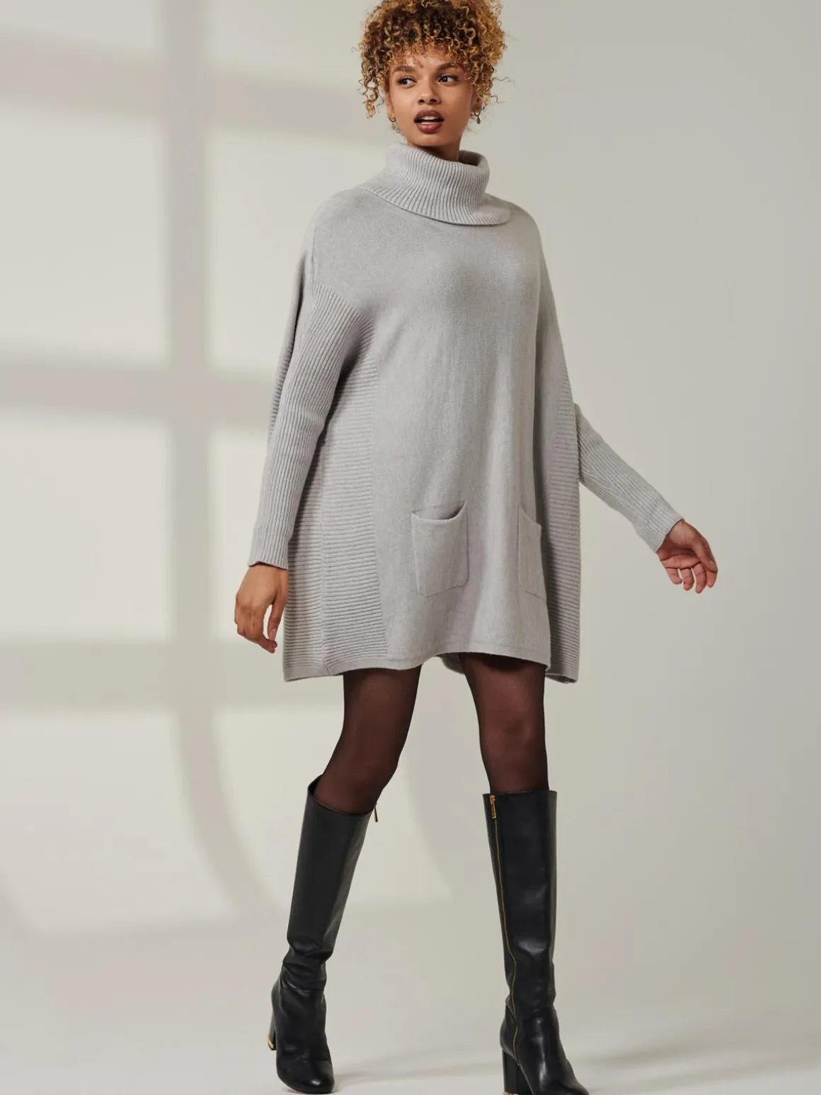 Roll Neck Pocket Front Knit Jumper, Grey Heather