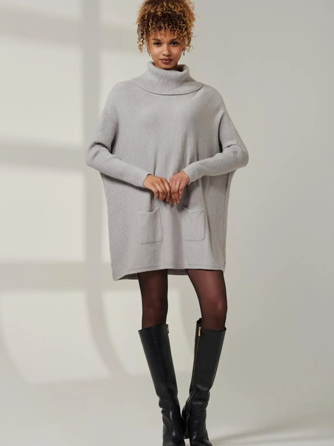 Roll Neck Pocket Front Knit Jumper, Grey Heather
